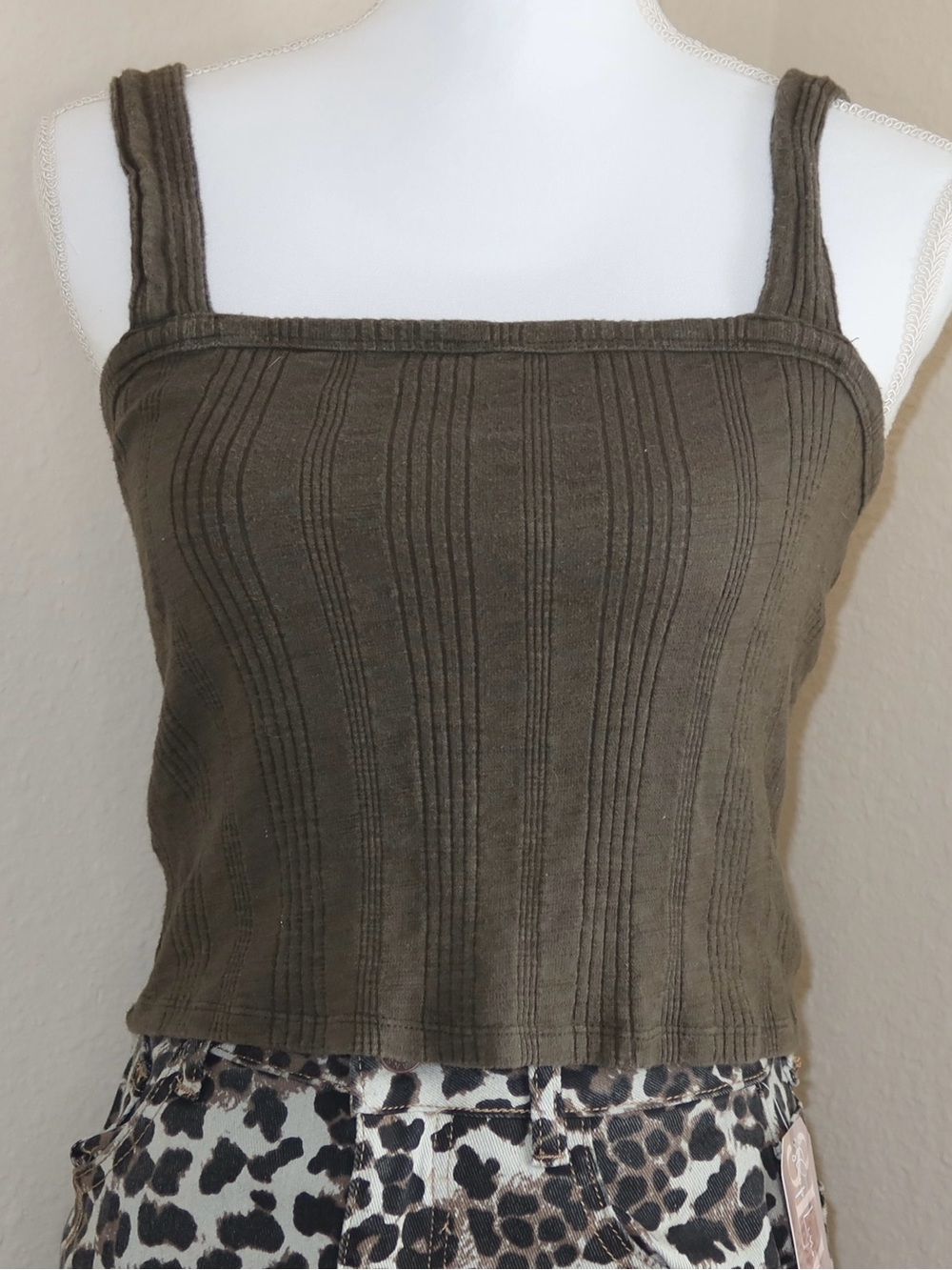American Eagle Outfitters Olive Ribbed Square-Neck Crop Tank